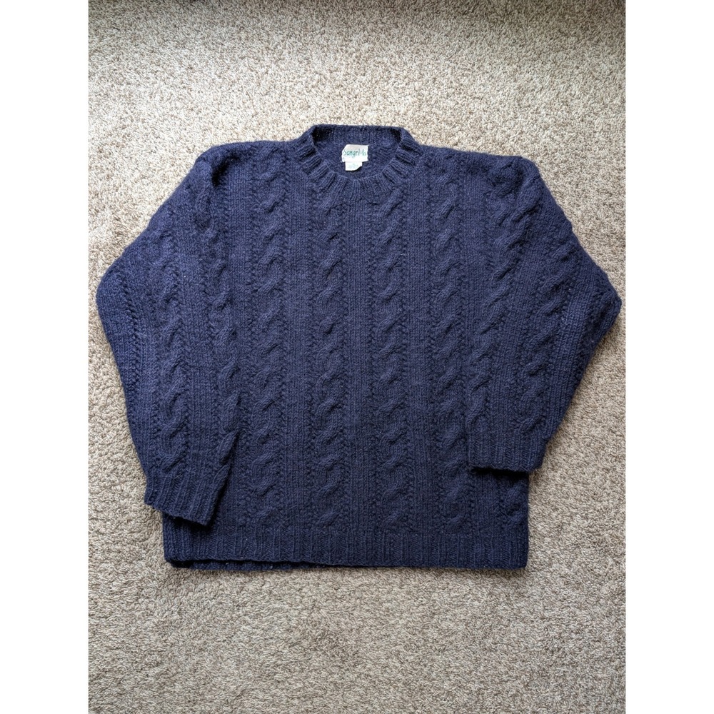 Sangri-la Cable Knit Sweater Mens Medium Navy Blue Hand Knitted Wool Nepal VTG
